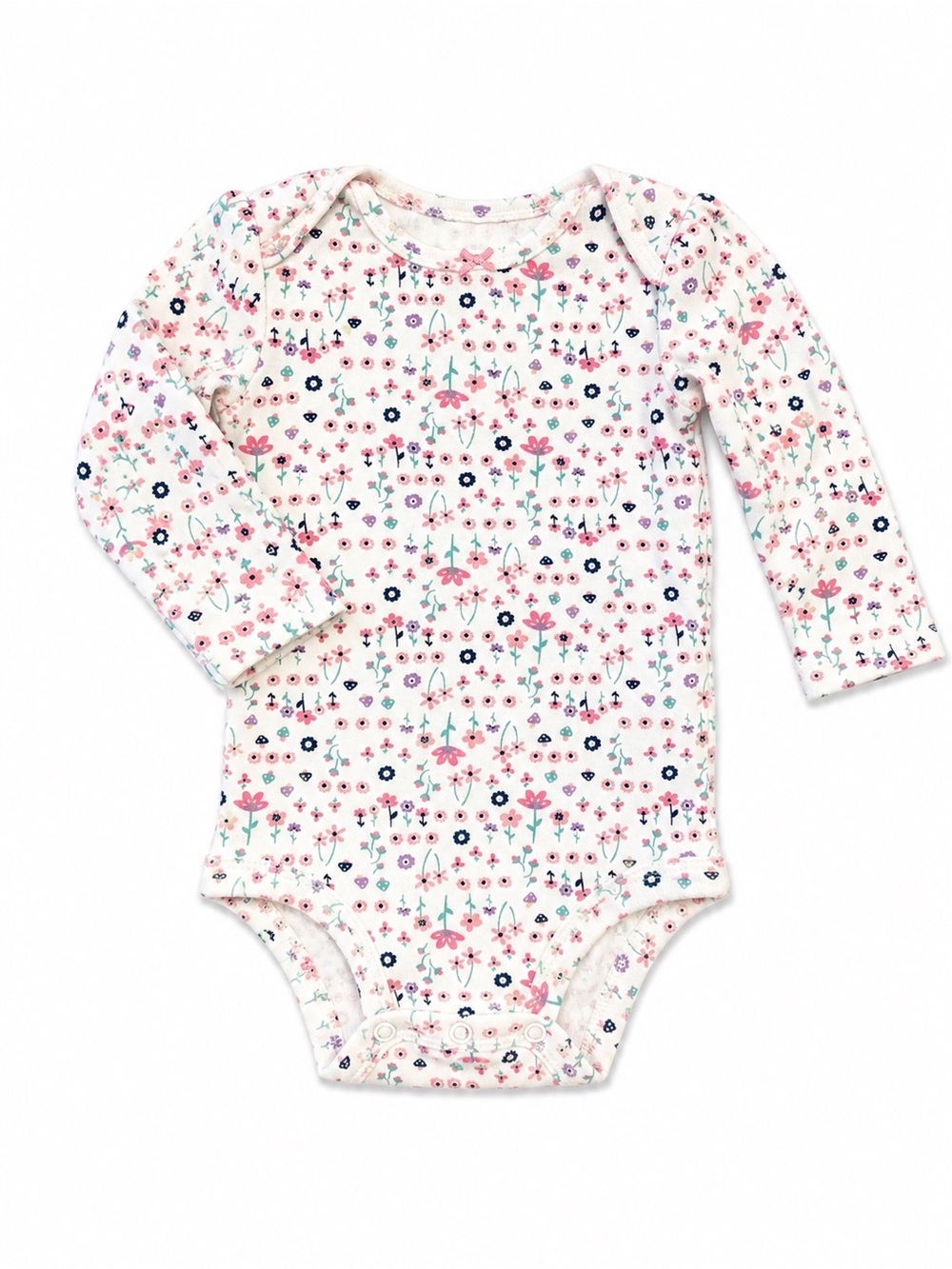 Simple Floral Long-Sleeve Baby Bodysuit in White, Pink and Navy